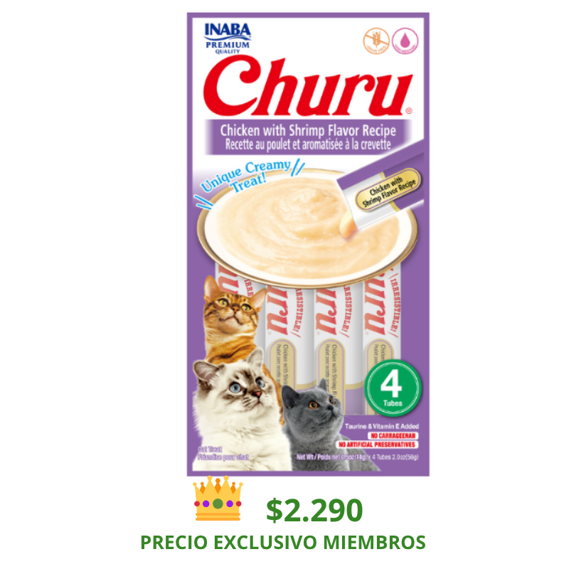 CHURU GATO SABOR POLLO Y CAMARÓN 4 TUBOS